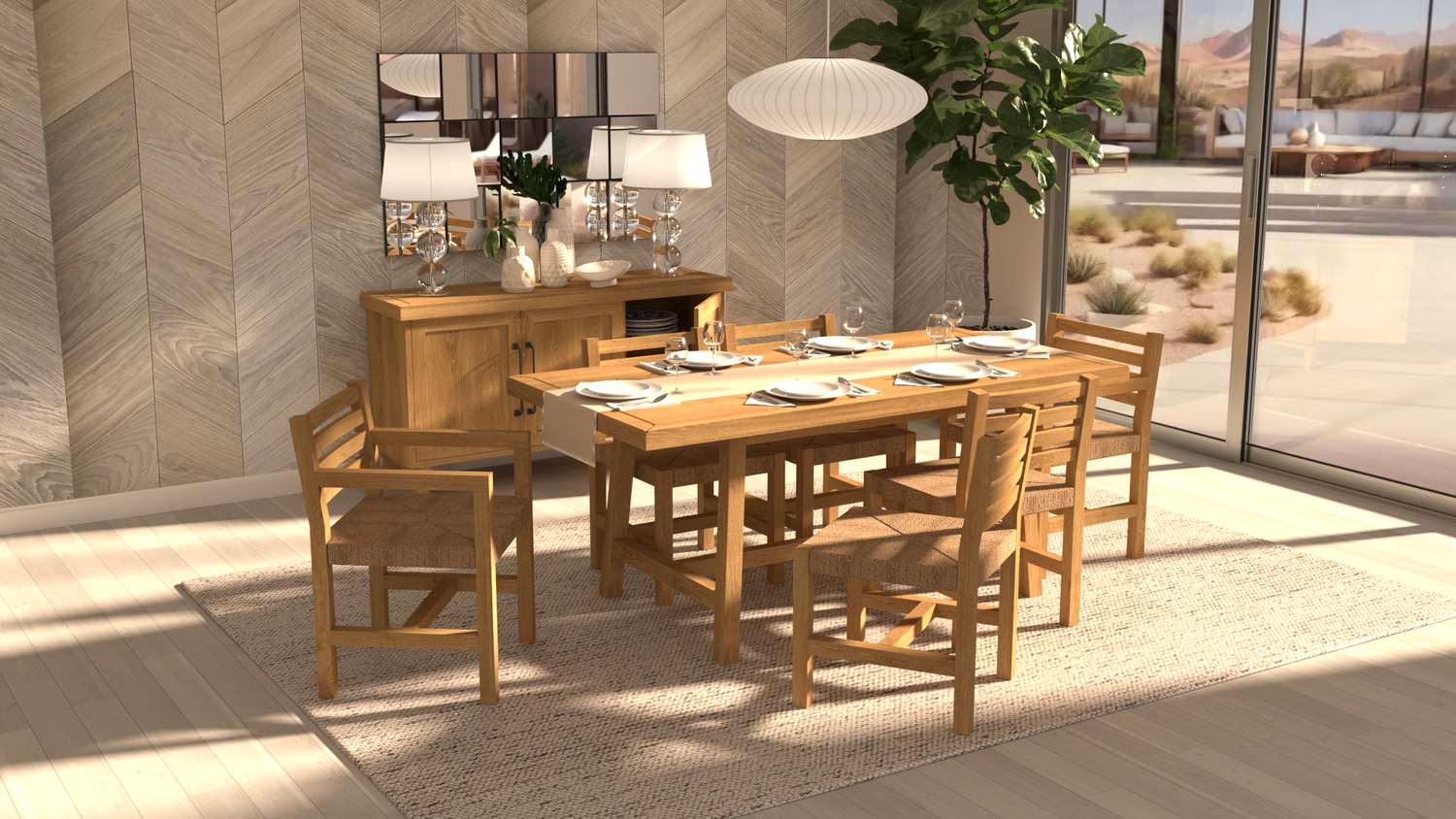 Acacia dining table and chairs in a sunlit room