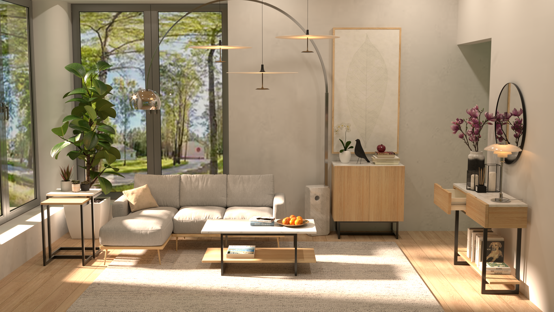 A sunlit living room furnished in Acacia and oak